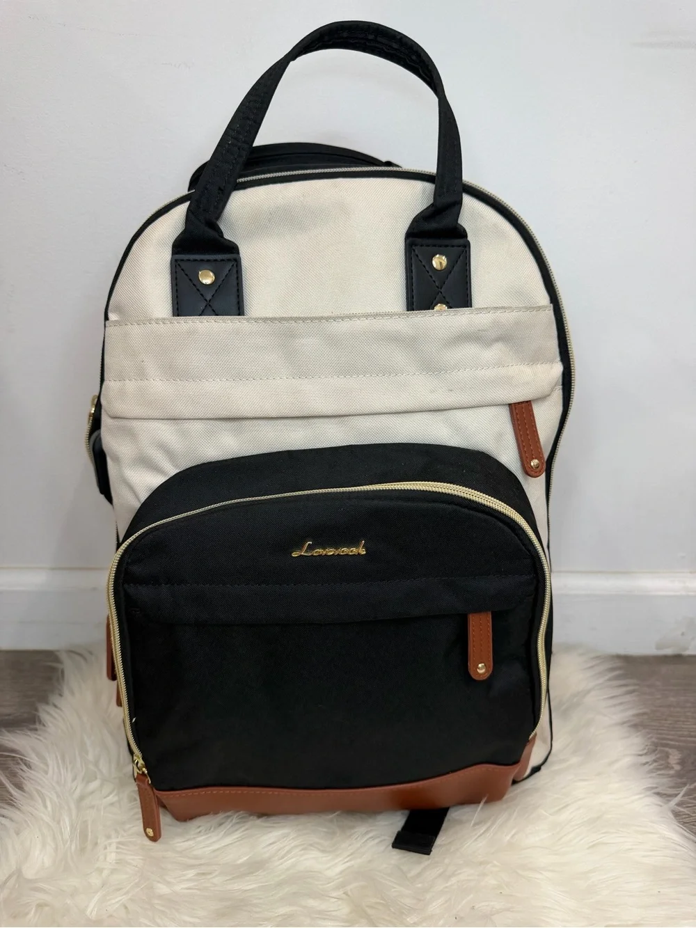 Black & Cream Men's Backpack with Brown Accents
